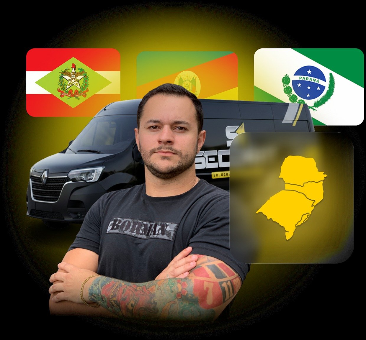 Equipe SecoArt e o veículo da empresa, com as bandeiras de SC, RS e PR